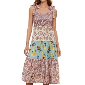 Nanette Lepore Floral Patchwork Tiered Maxi Dress Womens M Pink Blue Smocked
